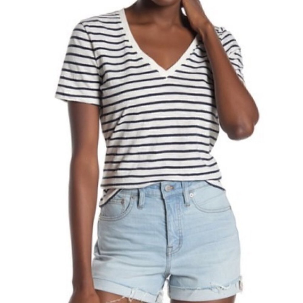 Madewell Theresa Striped V-Neck T-Shirt Ivory Navy NWT XS